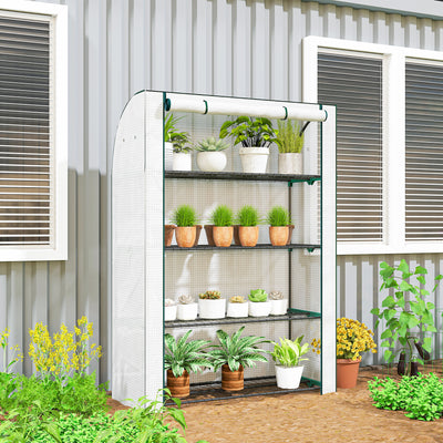 Outsunny Mini Greenhouse with Reinforced PE Cover, Portable Indoor Outdoor Green House with Roll-up Door, 170 x 120 x 50cm, White 