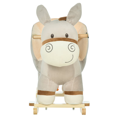 HOMCOM Kids Children Rocking Horse Plush Ride On Donkey Seat w/ Sound Wood Base Seat Safety Belt Toddler Baby Toy Rocker Grey 18 - 36 Months 