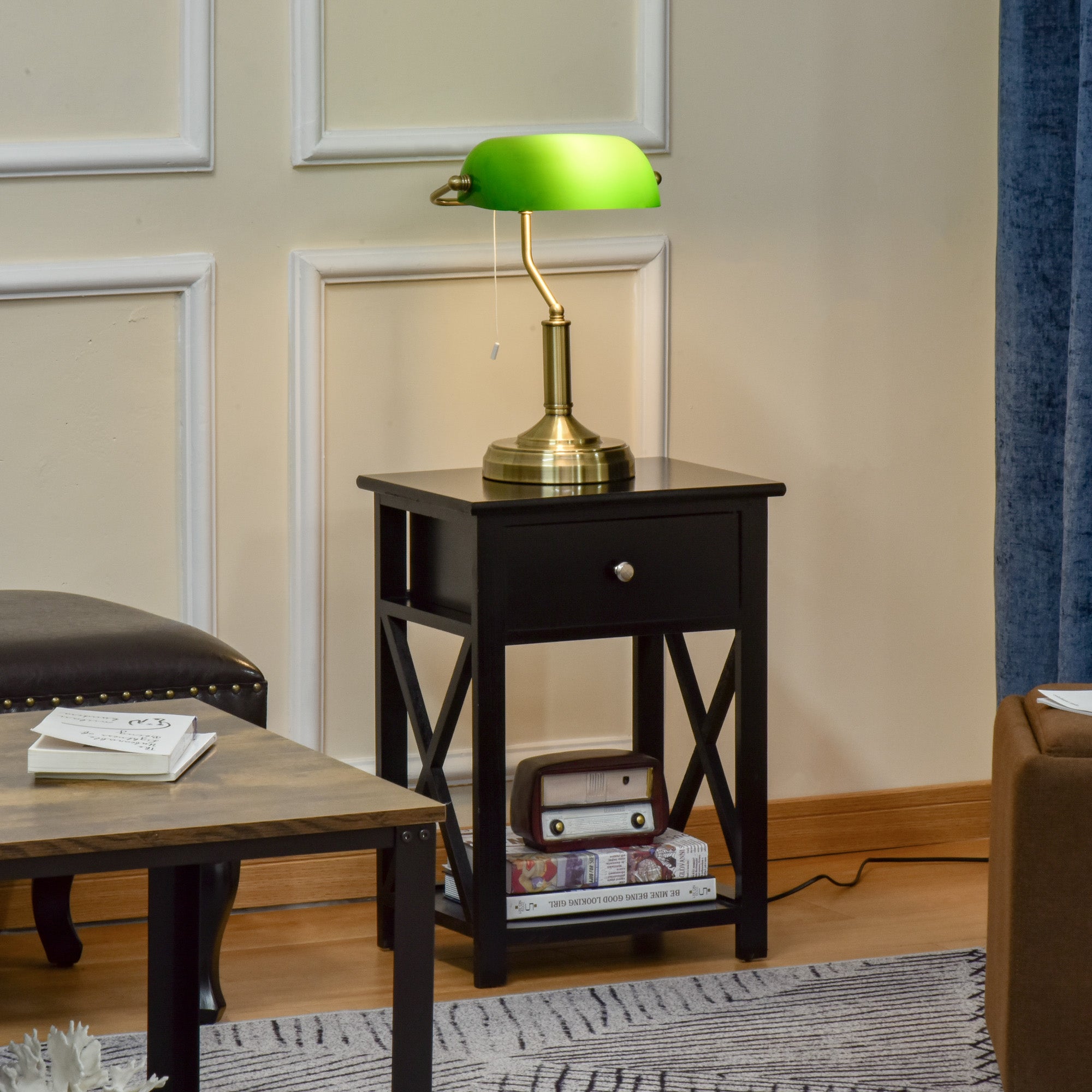 HOMCOM Banker's Desk Lamp with Antique Bronze Tone Base, Table Lamp with Green Glass Shade for Home Office, Green 