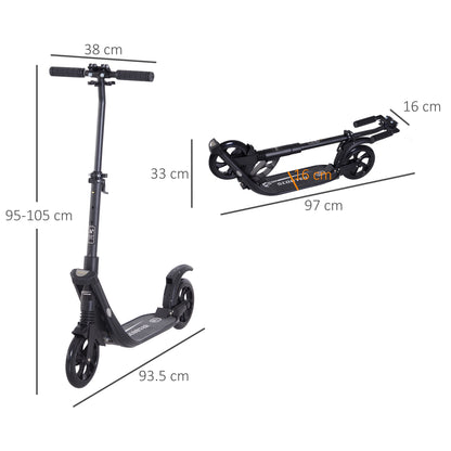 HOMCOM Folding Kick Scooter Hight-Adjustable Urban Scooter w/ Rear Brake, Double Shock Absorption System & 2 Big Wheels, For 14+ Teens Adult, Black 