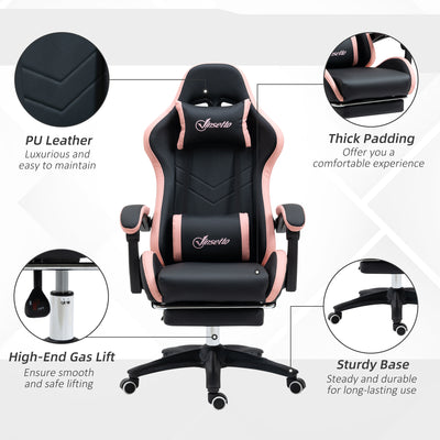 Vinsetto Computer Gaming Chair, PU Leather Desk Chair with Footrest, Swivel Task Chair with 135° Reclining Back and Lumbar Support, PC Chair for Adults, Black and Pink 