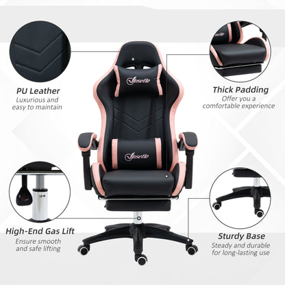 Vinsetto Computer Gaming Chair, PU Leather Desk Chair with Footrest, Swivel Task Chair with 135° Reclining Back and Lumbar Support, PC Chair for Adults, Black and Pink
