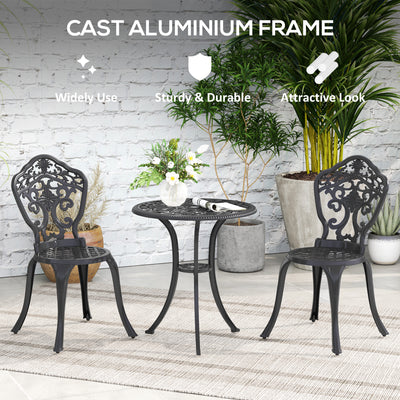 Outsunny 3 Piece Cast Aluminium Garden Bistro Set for 2 with Parasol Hole, Outdoor Coffee Table Set, Two Armless Chairs and Round Coffee Table for Balcony, Patio, Black 