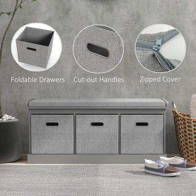HOMCOM Three-Drawer Shoe Storage Bench, with Padded Top Seat - Grey 