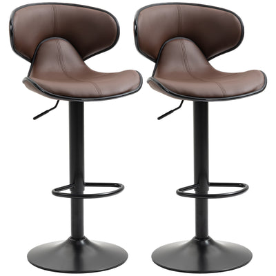 HOMCOM Adjustable Swivel Bar Stools Set of 2, Barstools with Footrest and Backrest, Steel Frame Gas Lift, for Kitchen Counter Dining Room, Brown 