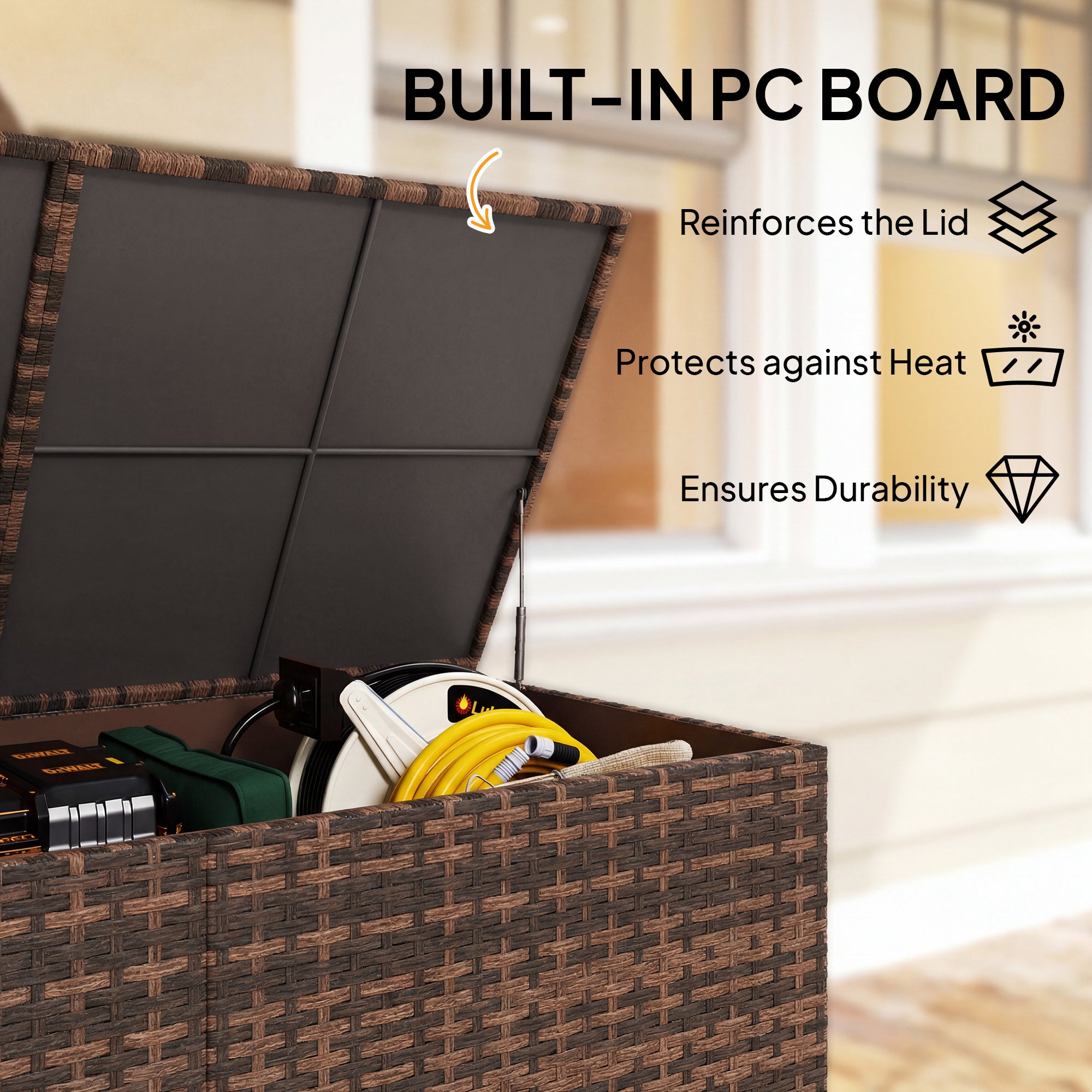 Outsunny 650L Garden Storage Box with 2 Wheels, Rattan Deck Box with Waterproof Zipped Liner, Safe Pneumatic Rods, Mixed Brown 
