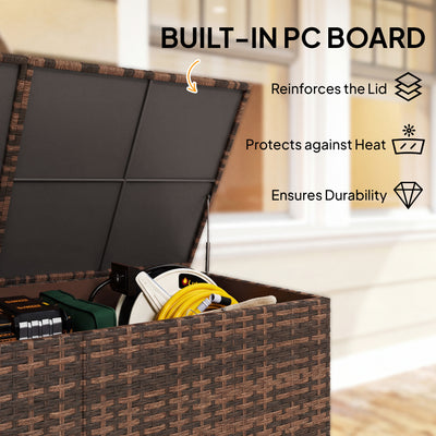 Outsunny 650L Garden Storage Box with 2 Wheels, Rattan Deck Box with Waterproof Zipped Liner, Safe Pneumatic Rods, Mixed Brown 