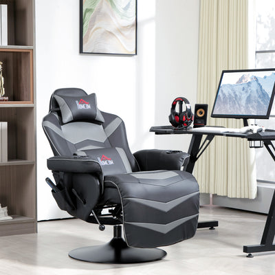 HOMCOM Massage Recliner Chair with Remote, PU Leather Recliner Armchair with Cup Holders and Side Pockets, Racing Style Reclining Chair with Headrest, 360° Swivel, Lumbar Support, Grey 