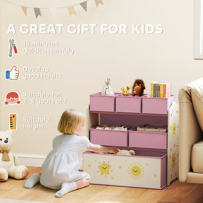 AIYAPLAY Kids Toy Storage Units, 3-Tier Toy Organiser Shelf with 6 Removable Boxes for Kids, Bedroom, Playroom, Pink 