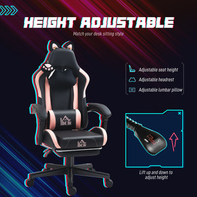 HOMCOM Cat Ear and Paw Reclining Office Chair, with Footrest - Black/Pink 