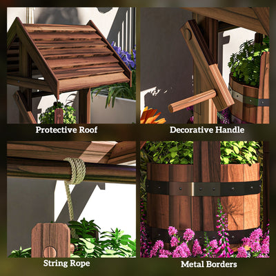 Outsunny Wood Wishing Well for Outside with Hanging Bucket, Wishing Well Planter with Drain Hole for Garden Patio, Carbonized 