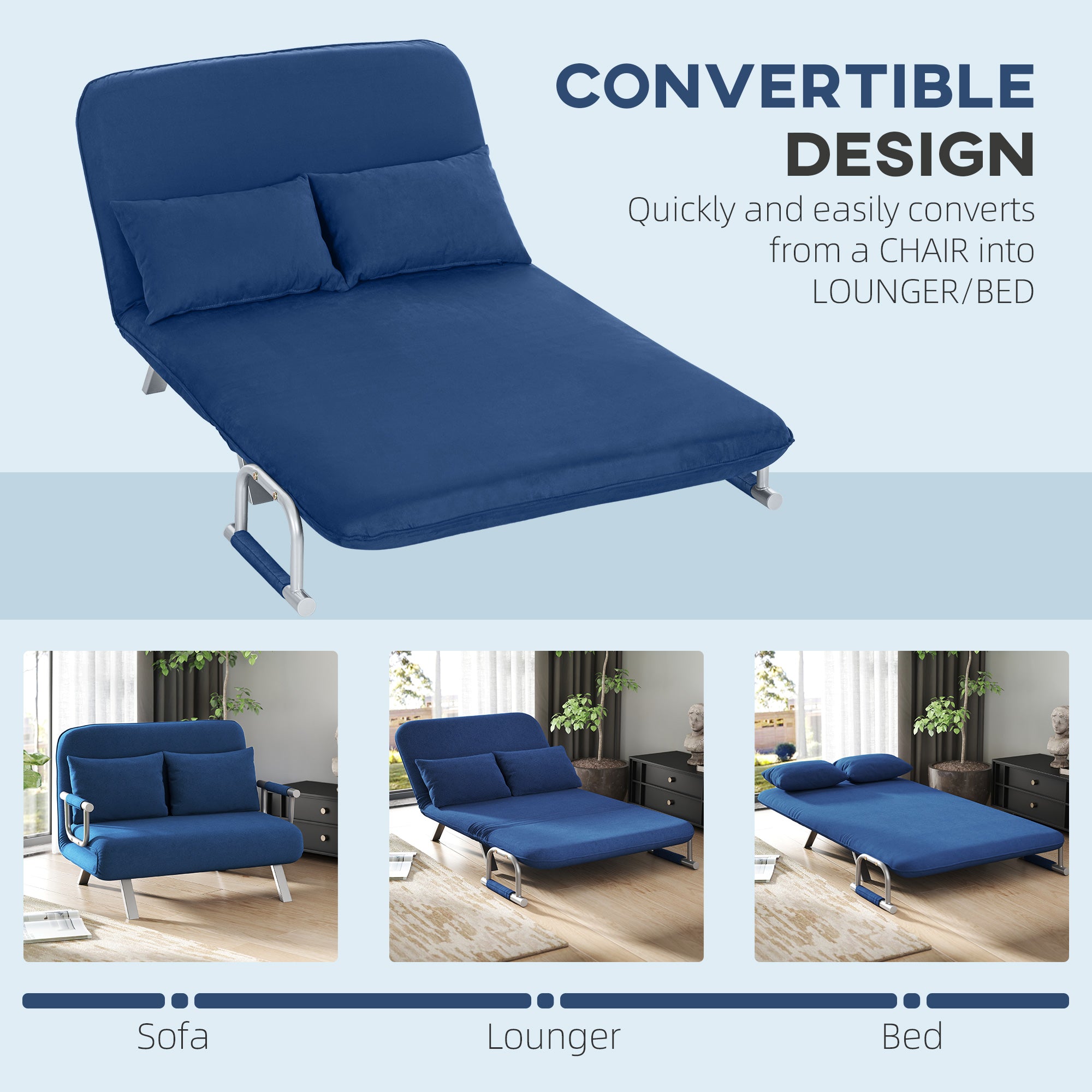 HOMCOM Two-Seater Click-Clack Sofa Bed - Dark Blue 