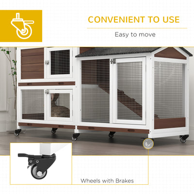 PawHut Wooden Two-Tier Pet Hutch with Wheels, Run - Brown 