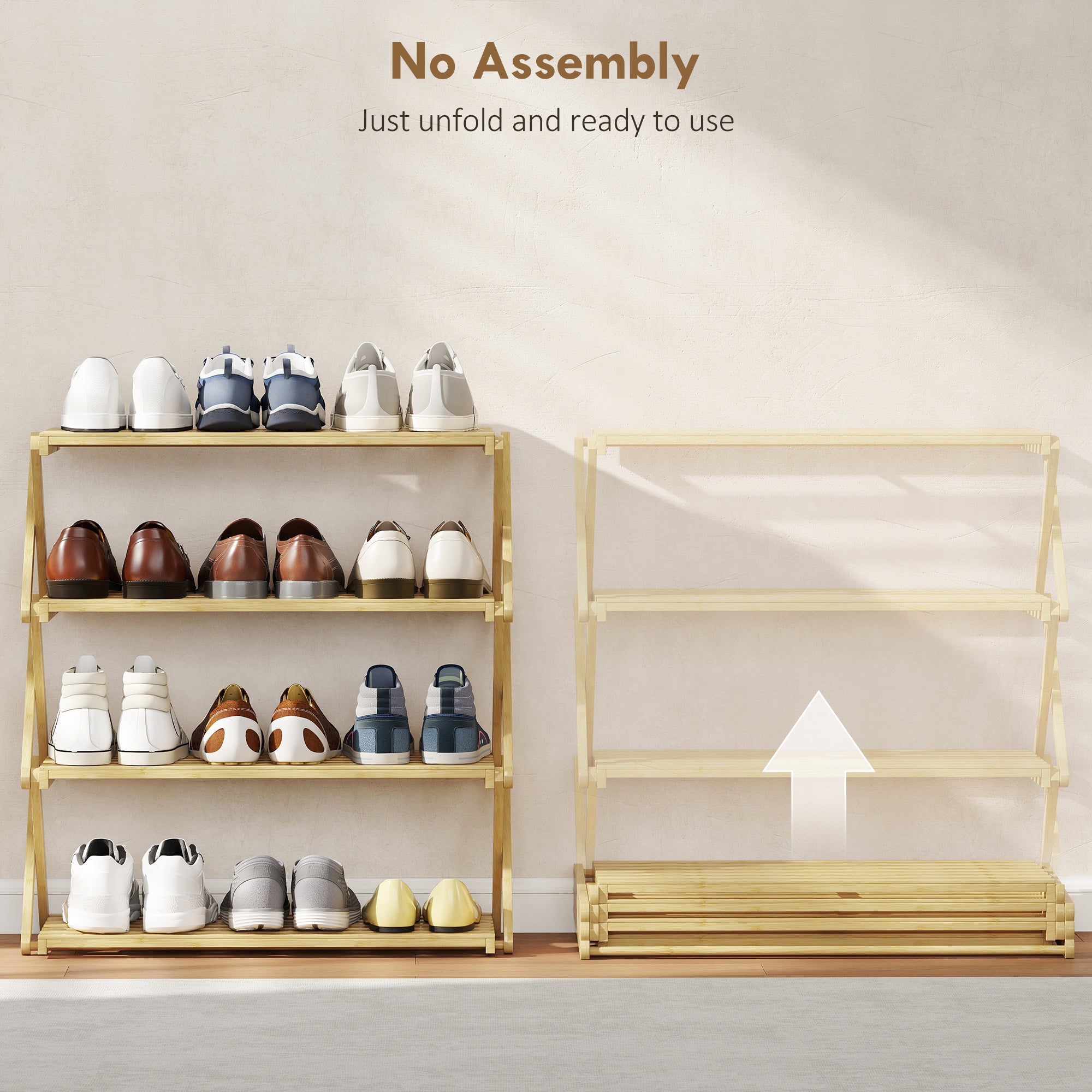 HOMCOM Four-Tier Folding Bamboo Shoe Rack - Natural Finish 