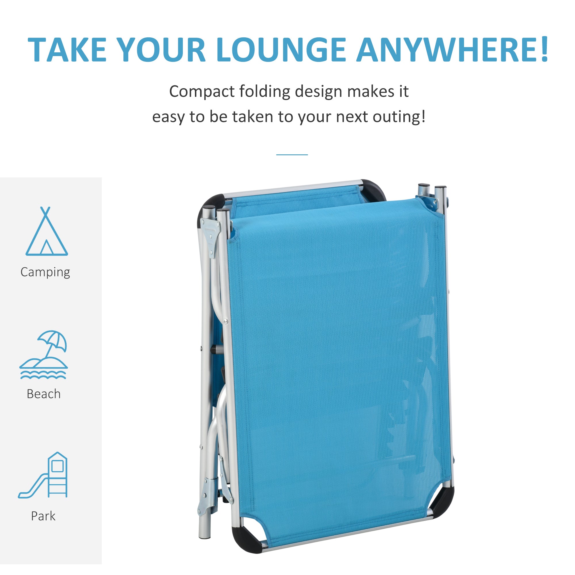 Outsunny Foldable Outdoor Sun Lounger, Reclining Lounge Chair Camping Bed Cot with Pillow 4-Level Adjustable Back Aluminium Frame, Blue 