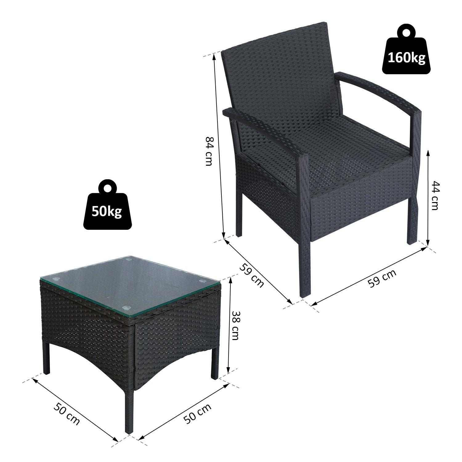 Outsunny 2 Seater Rattan Bistro Set, Steel-Black 