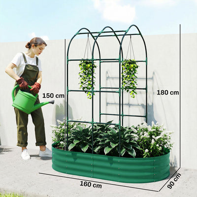 Outsunny Galvanised Raised Garden Bed with Arched Trellis, 5 x 3 x 6ft Metal Raised Bed for Garden with Open Bottom, Green 