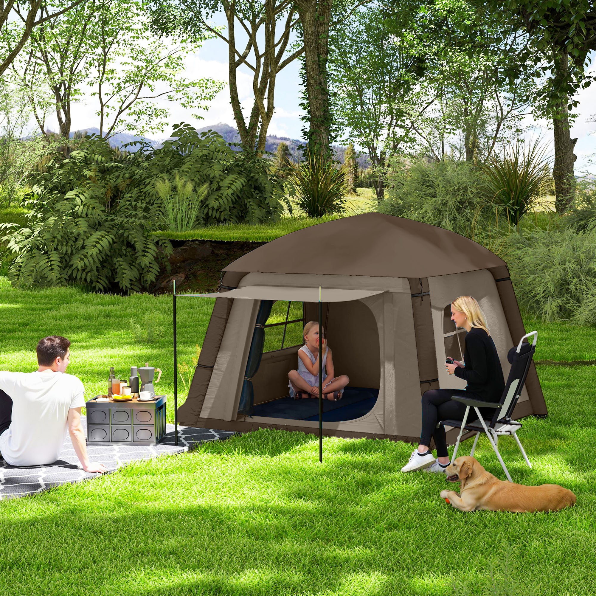 Outsunny Blow Up Tent w/ Hand Pump, Inflatable Camping Tent, Easy Setup 1/2 Person Waterproof Khaki 