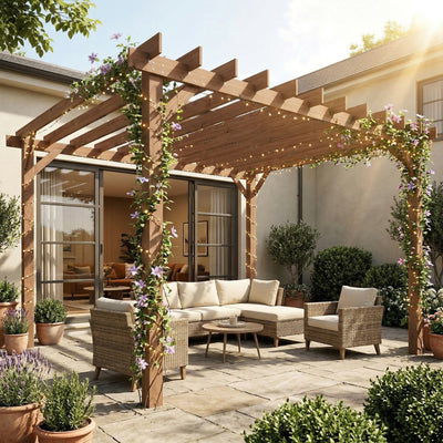 Outsunny 3.6 x 3 m Wooden Pergola Kit, Garden Pergola Gazebo Grape Trellis with Triangle Supports, Maple Wood-effect 