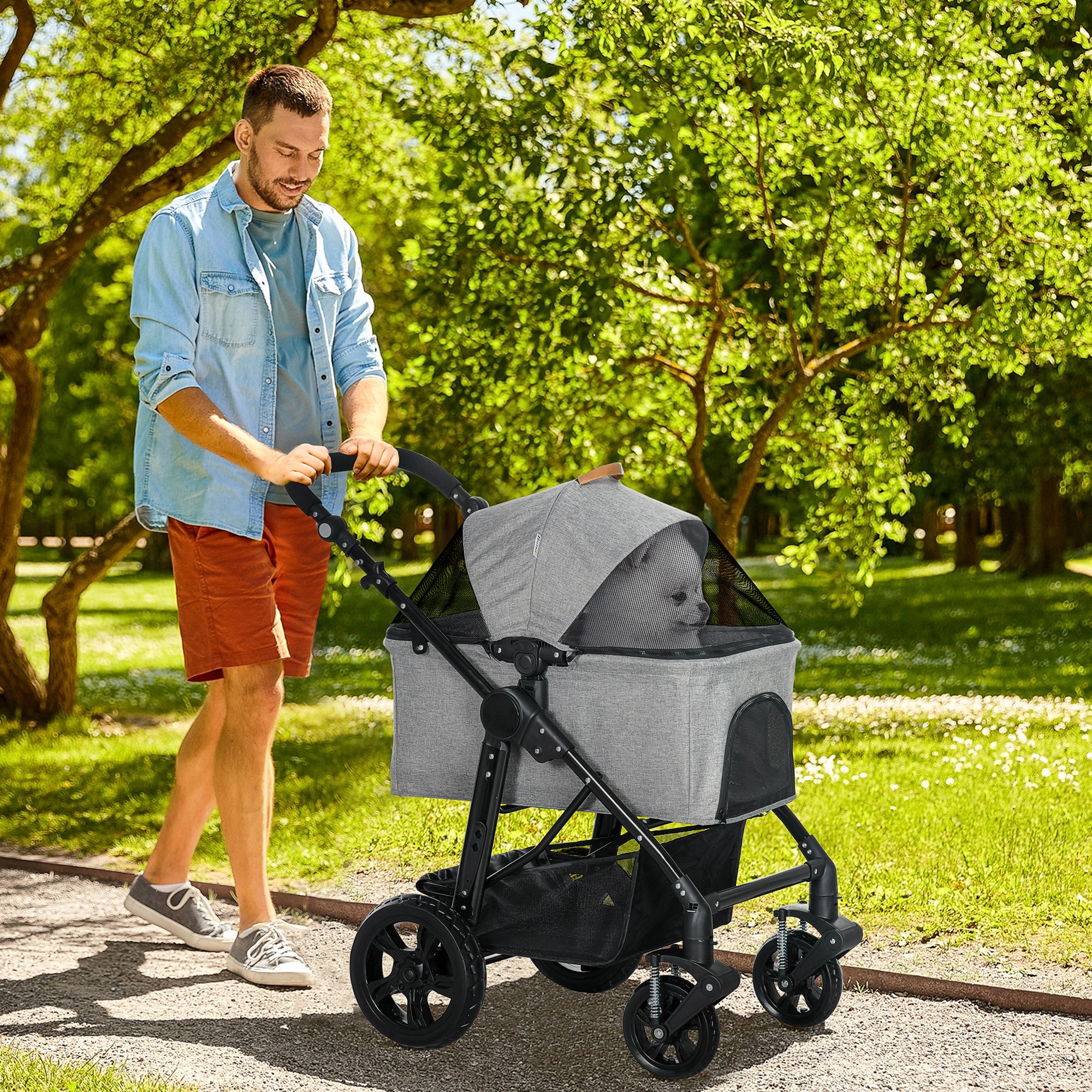 PawHut Dog Pram Pet Stroller for Small Dogs Cats, Foldable Dog Pushchair Trolley with Detachable Pet Carrier Bag, Shock Absorber, Adjustable Handlebar, Grey 
