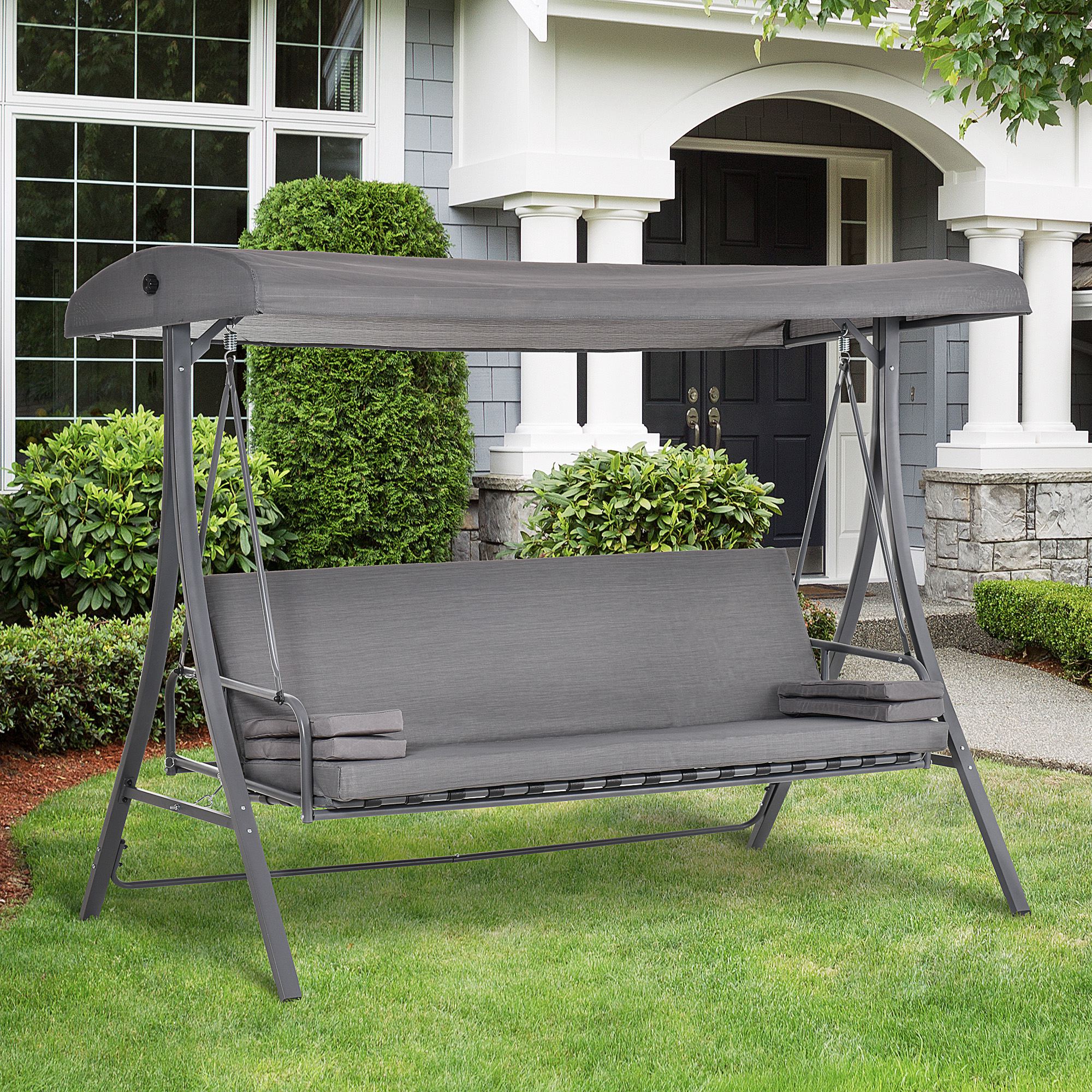Outsunny 2-in-1 Patio 3 Seater Swing Chair Hammock w/ Cushion Adjustable Canopy Garden 
