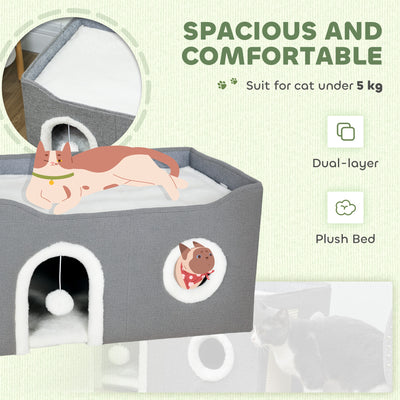 PawHut Cat Bed for Indoor Pets, Foldable Cat House with Fluffy Ball and Scratch Pad for Small and Medium Pets, Grey 