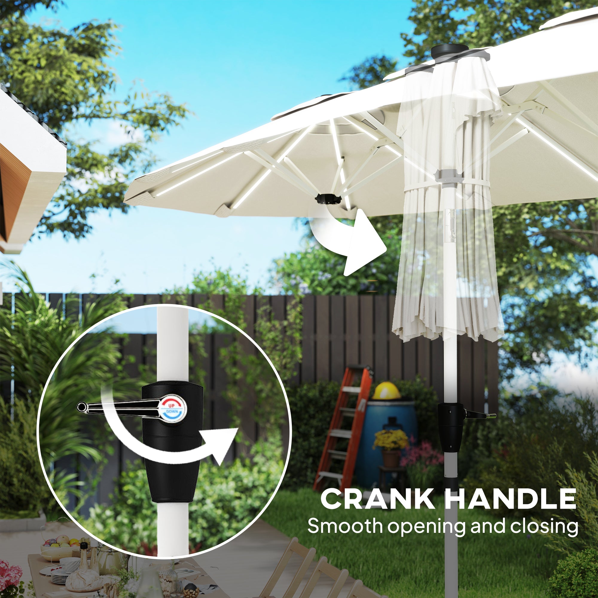Outsunny 3 m Double-Sided Garden Parasol with LED Solar Lights, Outdoor Extra Large Sun Umbrella with Crank Handle, Cream White 