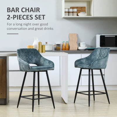 HOMCOM Bar Stools Set of 2, Velvet-Touch Fabric Counter Height Bar Chairs, Kitchen Stools with Steel Legs for Dining Area, Kitchen Island Barstools, Blue 