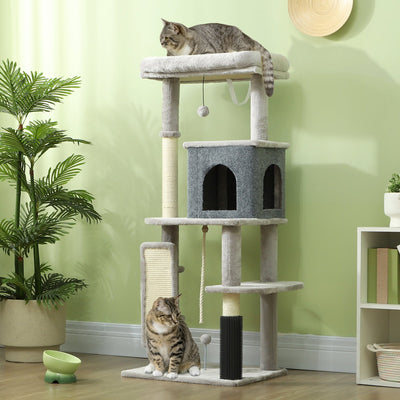 PawHut 132cm Cat Tree w/ Scratching Posts, Pad, Cat Bed, Cat House, Jumping Platform, Grooming Brush, Anti-Tip Kit, Light Grey 