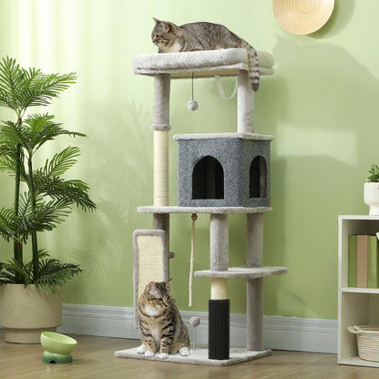 PawHut 132cm Cat Tree w/ Scratching Posts, Pad, Cat Bed, Cat House, Jumping Platform, Grooming Brush, Anti-Tip Kit, Light Grey 