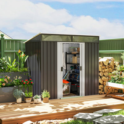 Outsunny 6.5 x 4FT Galvanised Metal Shed with Foundation Kit, Lockable Tool Garden Shed with Double Sliding Doors, Vents, Grey 
