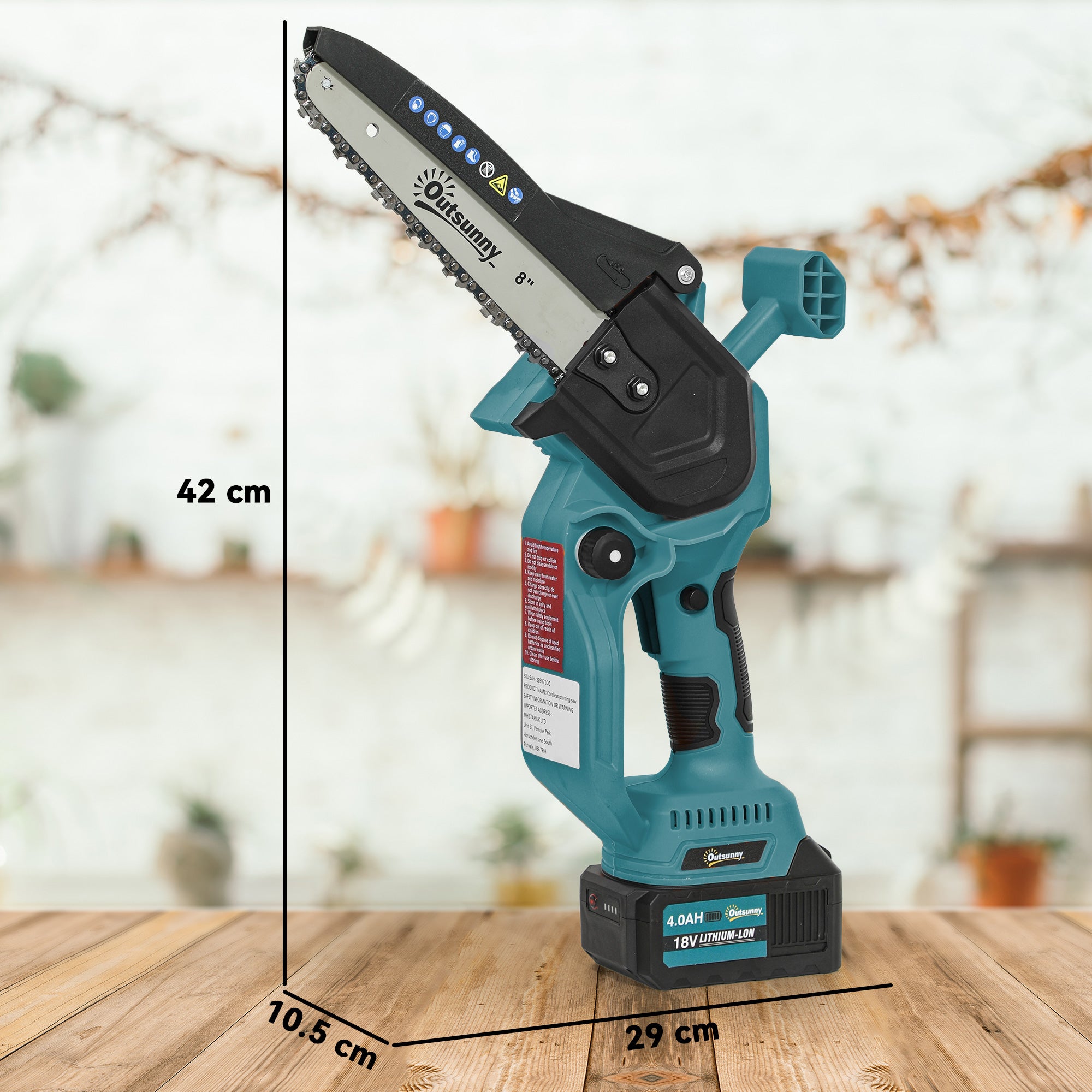 Outsunny 8 Inch Electric Chainsaw, Cordless Chain Saw with Brushless Motor, 2 4.0Ah Batteries and Safety Lock, Handheld Portable Wood Pruning Saw for Trimming Cutting, Blue