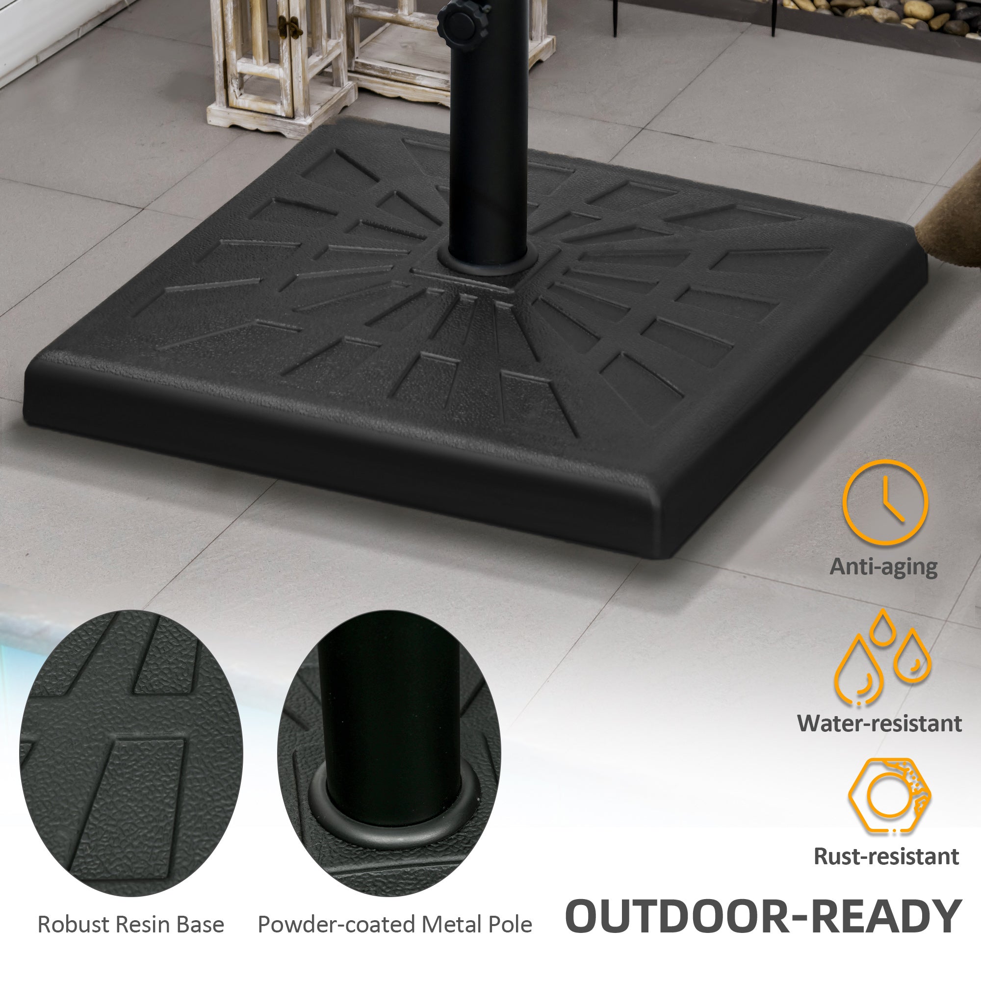 Outsunny 19kg Resin Garden Parasol Base Holder, Square Outdoor Market Umbrella Stand Weight for Poles of \'ce\'a632mm, \'ce\'a638mm, and \'ce\'a648mm, Black