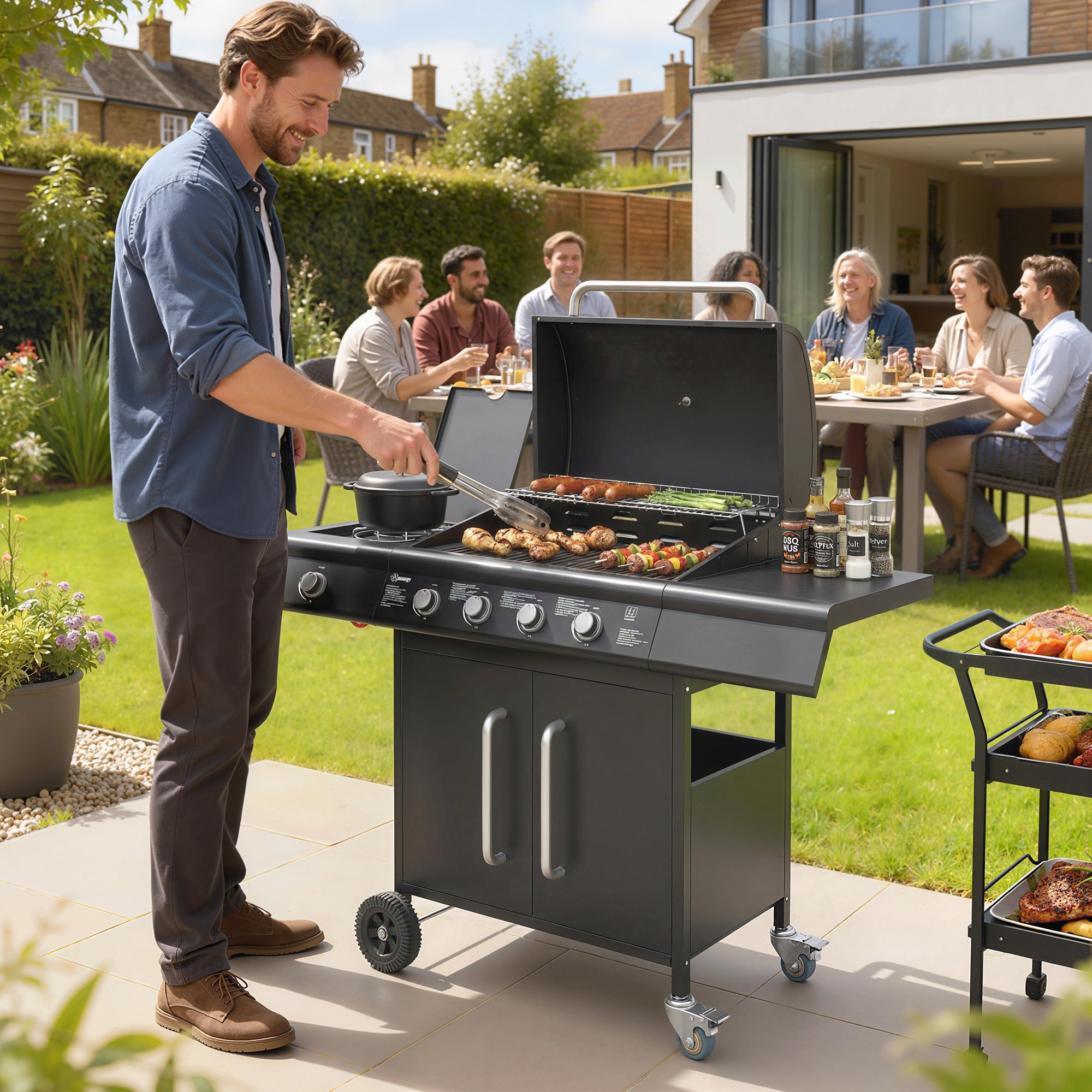 Outsunny 4+1 Burner Gas BBQ Grill with Storage Cabinet, 15.2 kW Gas Barbecue Trolley with Side Table, 4 Wheels, Warming Rack 
