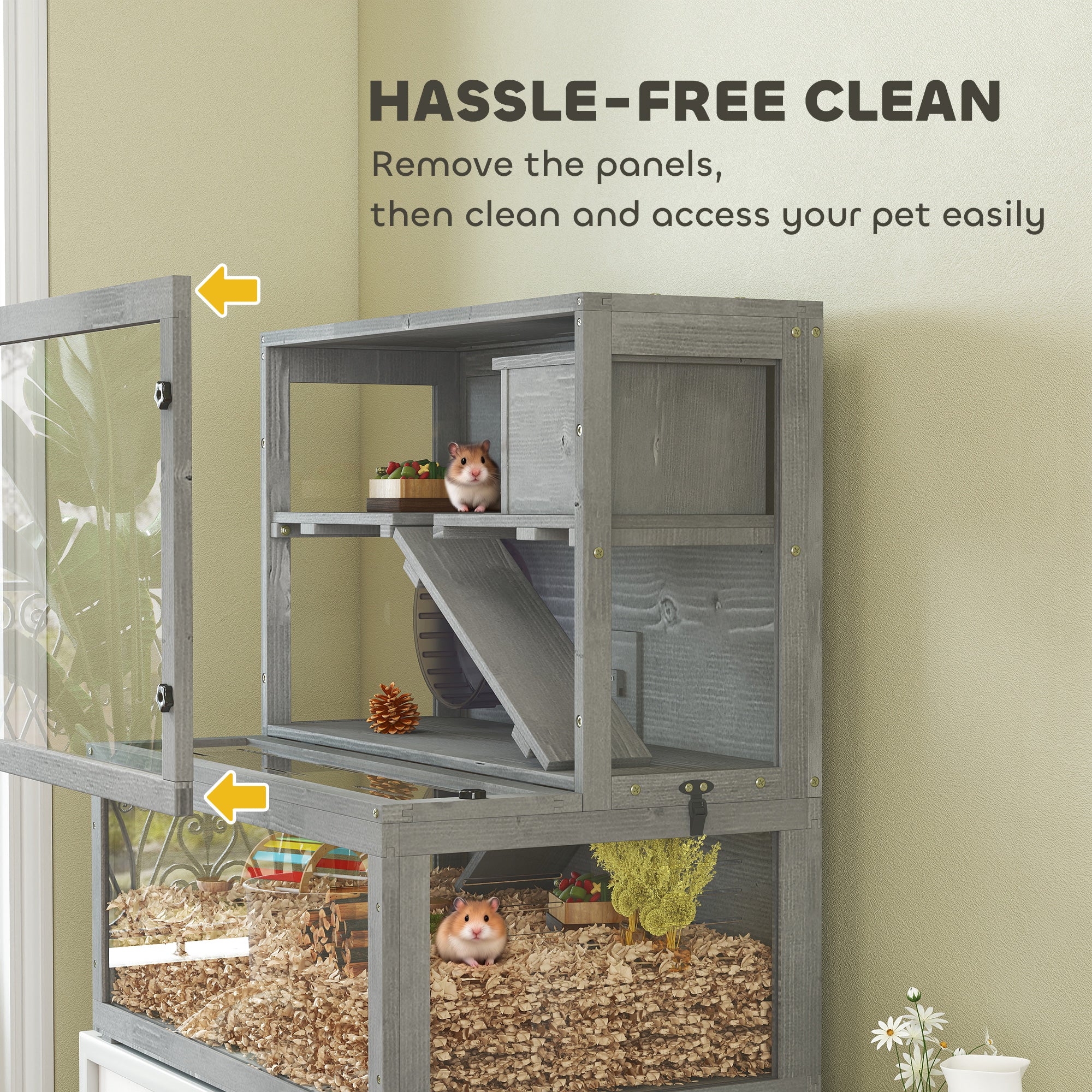 PawHut Wooden Hamster Cage with Hut, Wheel, Ramps, Removable Viewing Panels, 80 x 50 x 84 cm, Grey 