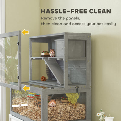PawHut Wooden Hamster Cage with Hut, Wheel, Ramps, Removable Viewing Panels, 80 x 50 x 84 cm, Grey 
