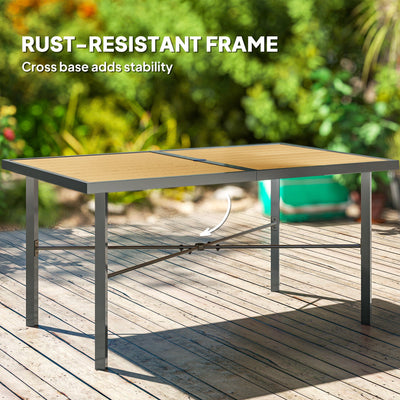 Outsunny Garden Table for 6, Outdoor Dining Table with 5cm Umbrella Hole, Wood Effect Top, Rust Resistant Frame, for Patio, Balcony, Terrace, 150 x 90 cm 