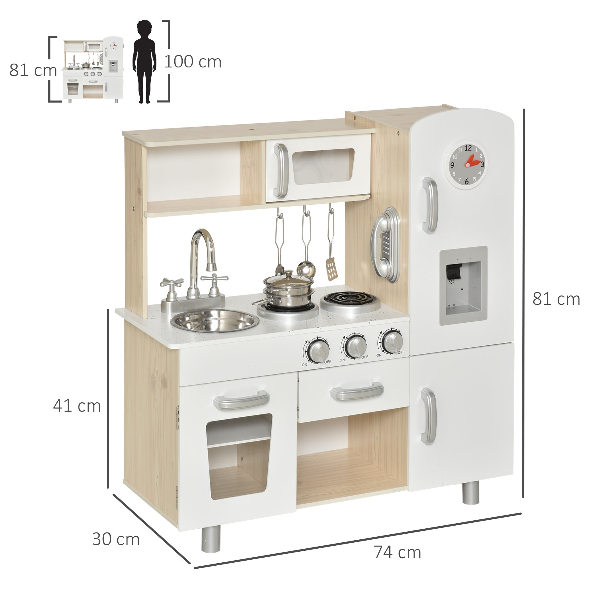 HOMCOM Kids Wooden Pretend Play Toy Kitchen Cooking Set Role Play Phone for Boys Girls White 