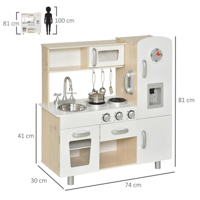 HOMCOM Kids Wooden Pretend Play Toy Kitchen Cooking Set Role Play Phone for Boys Girls White 