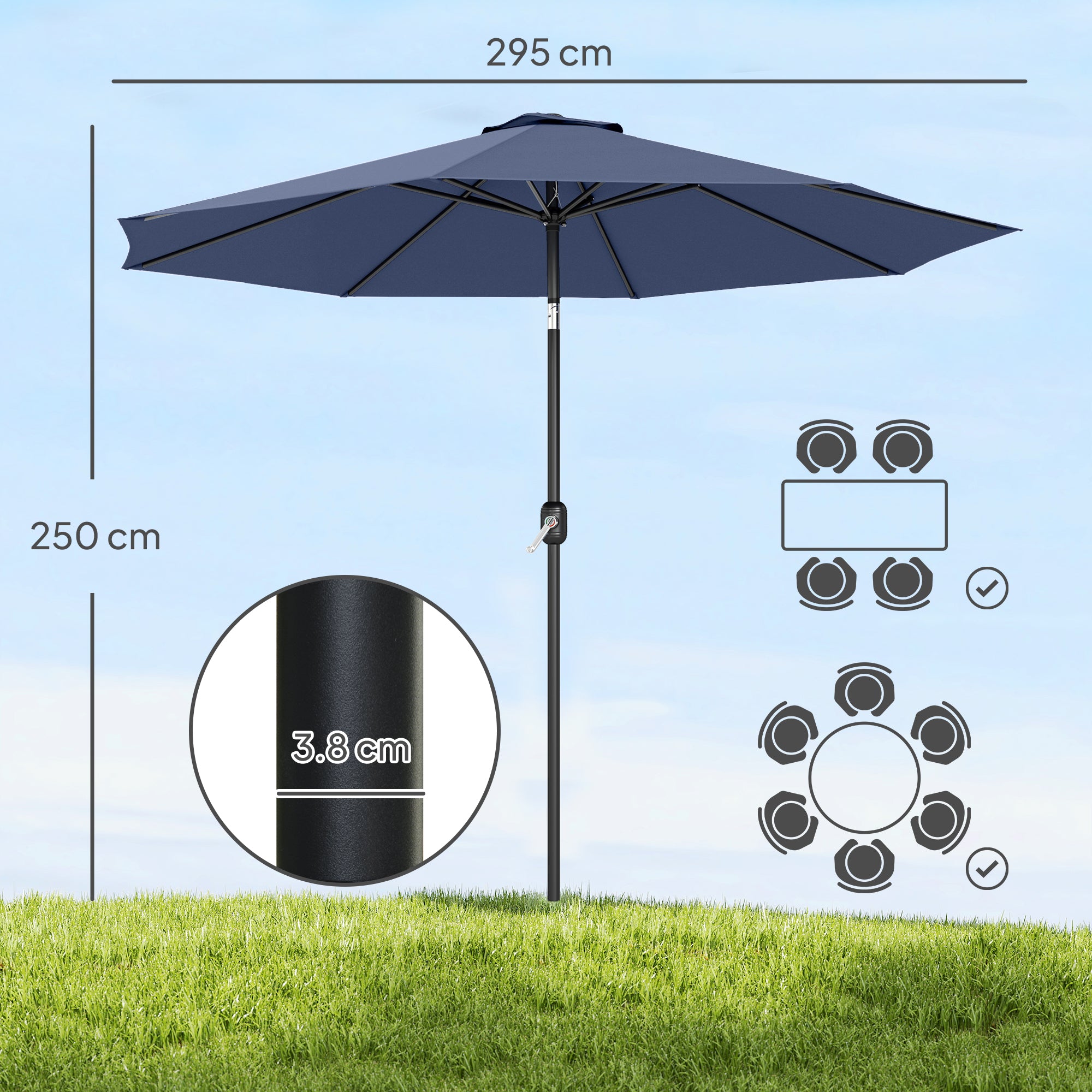Outsunny 3 m Garden Parasol Umbrellas, Outdoor Sun Shade with 8 Ribs, Tilt and Crank Handle, Navy Blue 