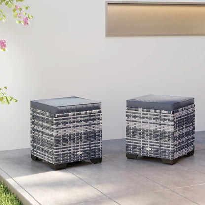 Outsunny Set of 2 Rattan Storage Ottoman, Outdoor Footstool with Removable Cushions, Garden Storage Seat for Balcony, Poolside, Living Room, Dark Grey 