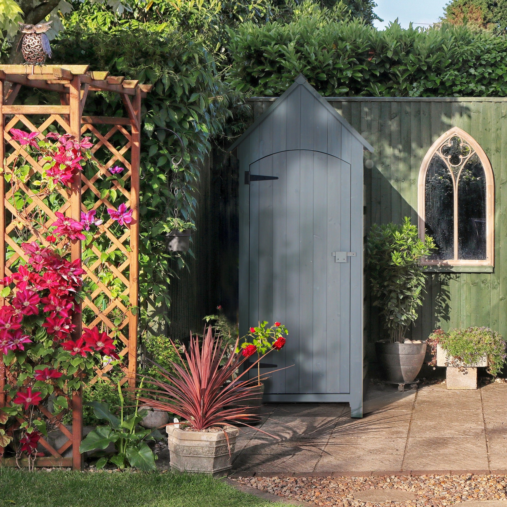 Outsunny Wooden Garden Storage Shed with 3 Shelves, Outdoor Tool Storage Cabinet with Tilt Roof and Lockable Door, 77.5 x 54.2 x 179.5 cm, Grey 