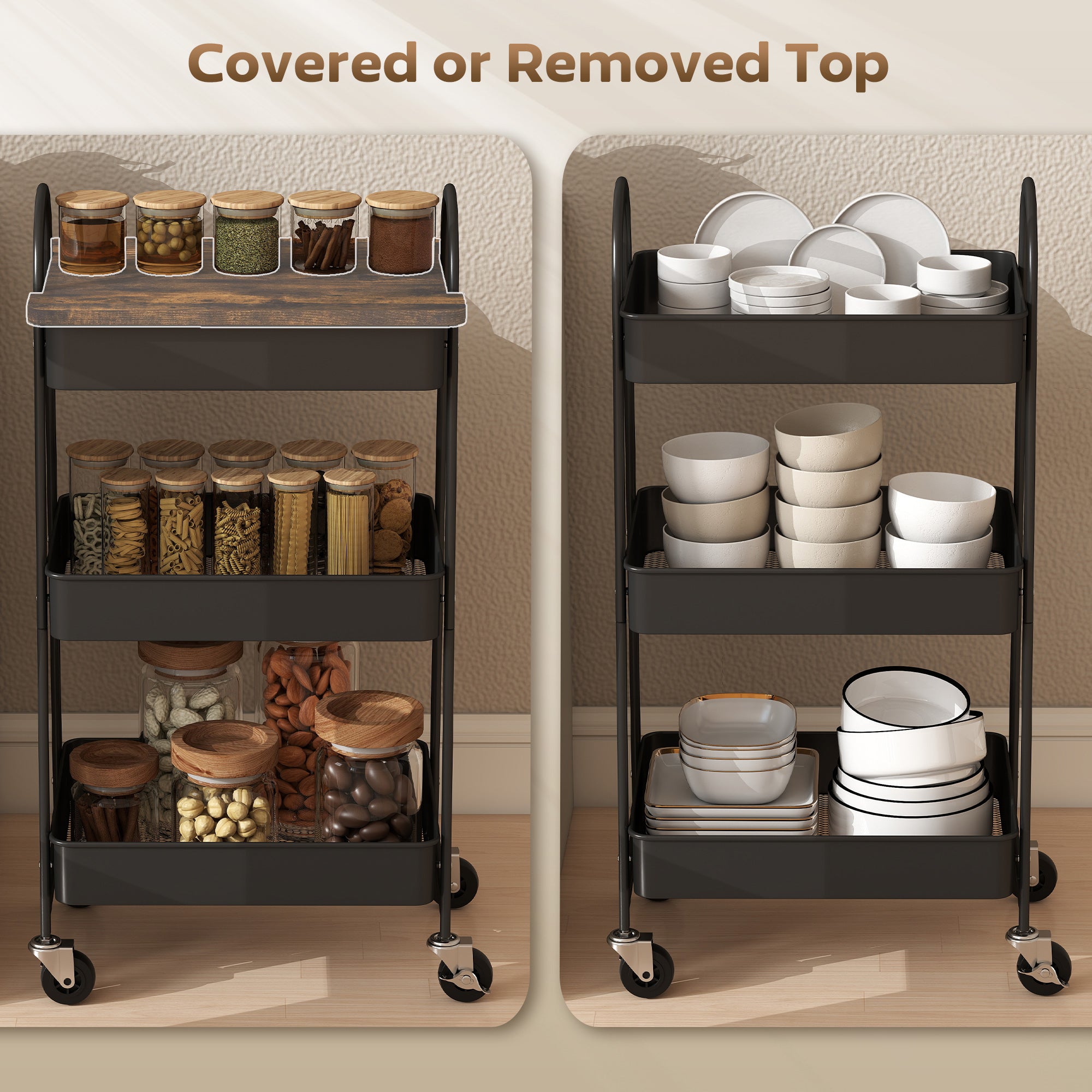 HOMCOM 3-Tier Kitchen Storage Trolley with on Wheels Cover Top Board - Rustic Brown and Black