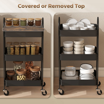 HOMCOM 3-Tier Kitchen Storage Trolley with on Wheels Cover Top Board - Rustic Brown and Black 