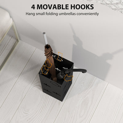 HOMCOM Metal Umbrella Stand, Square Umbrella Holder with Removable Drip Tray and 4 Hooks, Decorative Umbrella Storage Rack for Hallway, Entryway, 15.5 x 15.5 x 41 cm, Black 