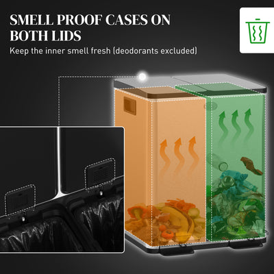 HOMCOM 40L Dual Compartment Stainless Steel Bin, with Deodoriser Holders - Silver Tone 