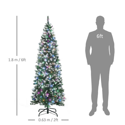 HOMCOM 6FT Tall Prelit Pencil Slim Artificial Christmas Tree with Realistic Branches, 300 Colourful LED Lights and 618 Tips, Xmas Decoration, Green 