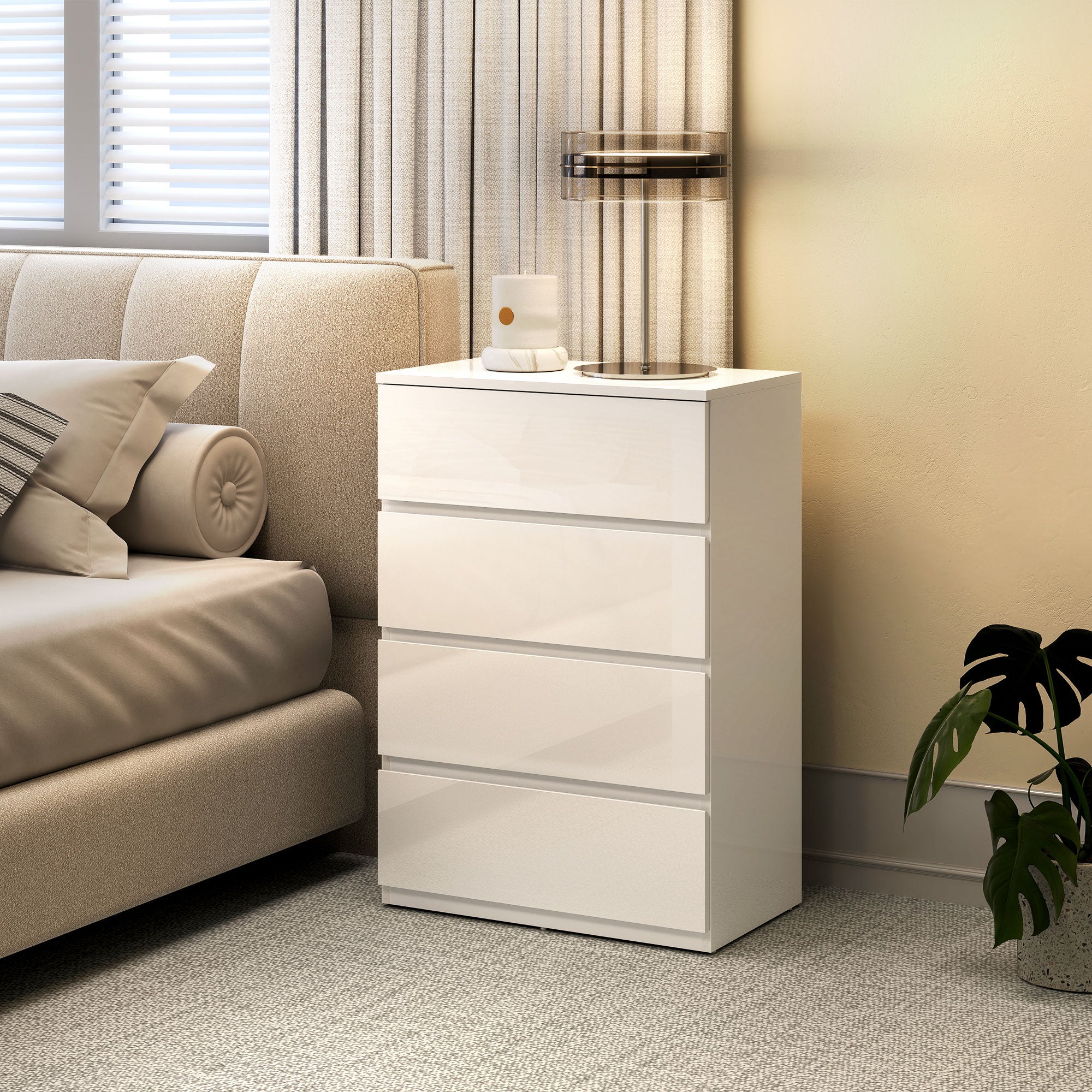 HOMCOM High Gloss Chest of Drawers, 4-Drawer Storage Cabinets, Modern Dresser for Bedroom, White 