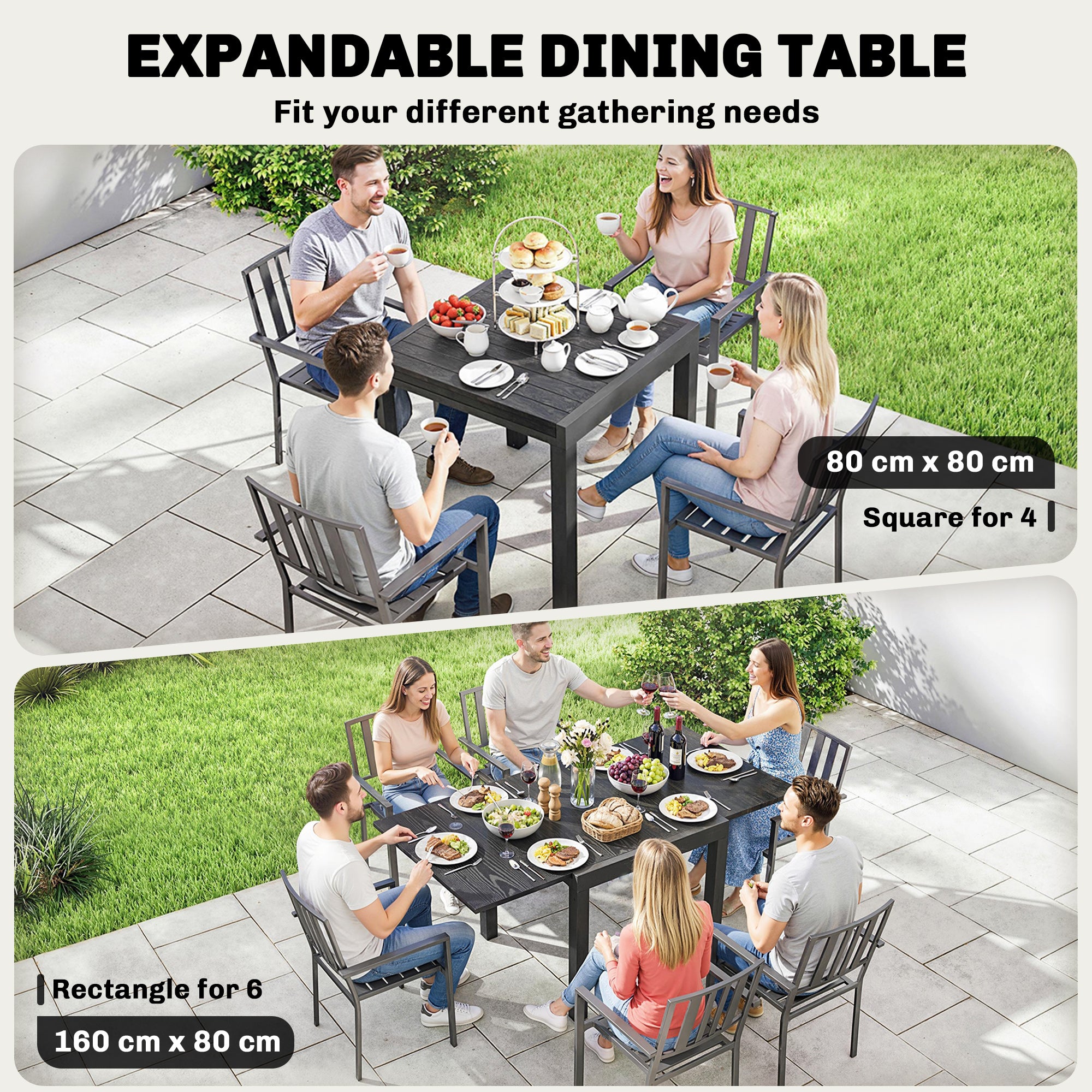 Outsunny Extending Garden Table for 4-6, Aluminium Outdoor Dining Table with Faux Wood Slatted Top, Black 