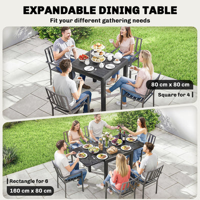 Outsunny Extending Garden Table for 4-6, Aluminium Outdoor Dining Table with Faux Wood Slatted Top, Black 